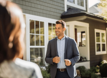 Image of a property manager greeting guests. 