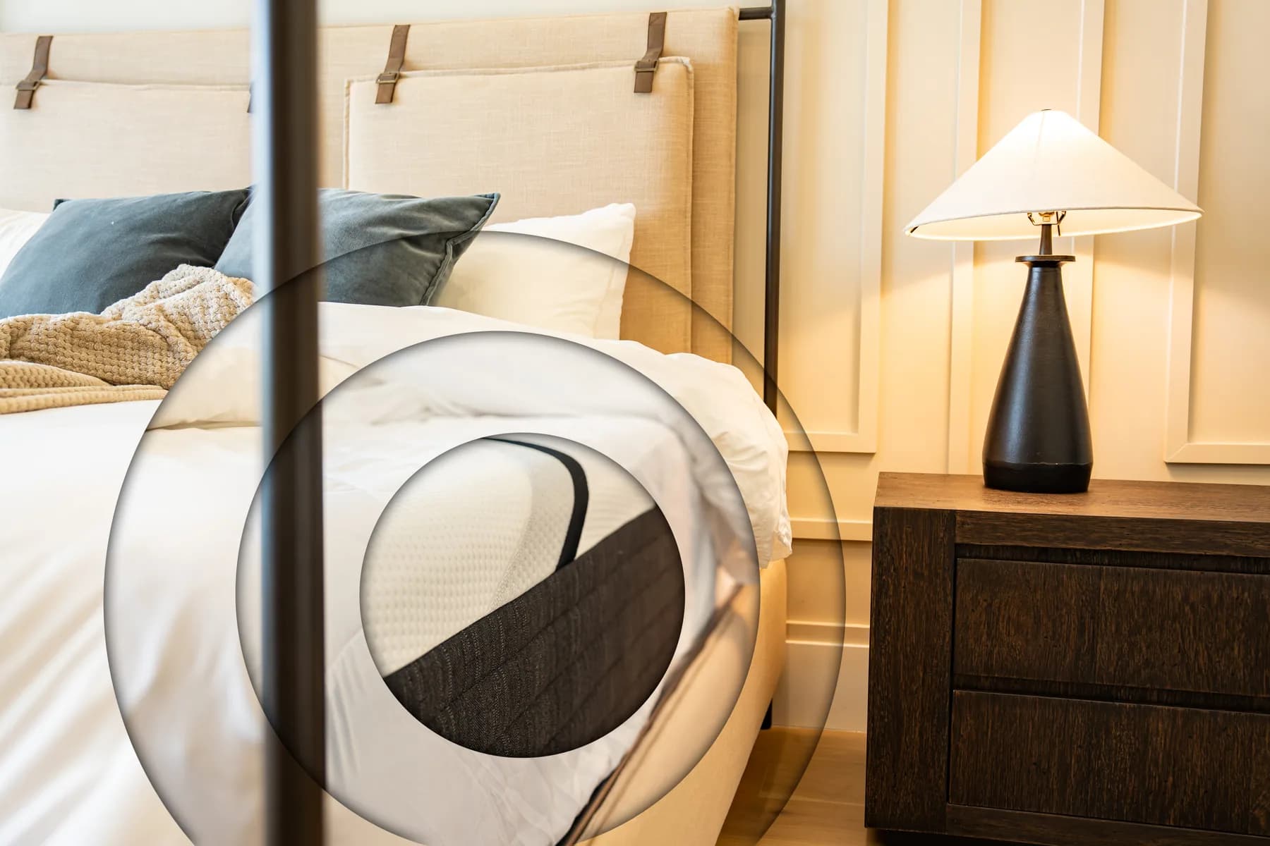 Close view of layered bedding and mattress details in a HÓZHÓ Scottsdale bedroom.