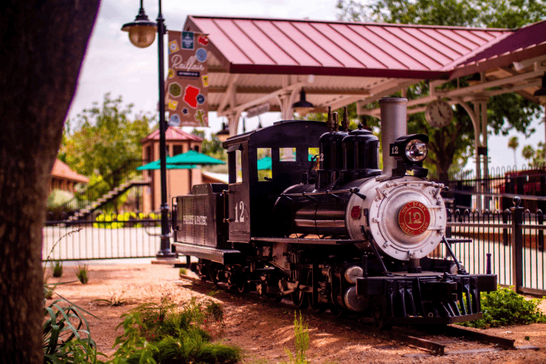 A model of a train outside the McCormick-Stillman Railroad Park.