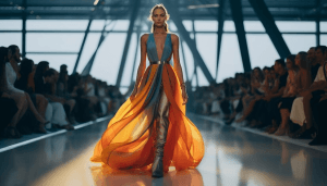 Model walking a runway in a flowing orange and blue gown at a fashion show.