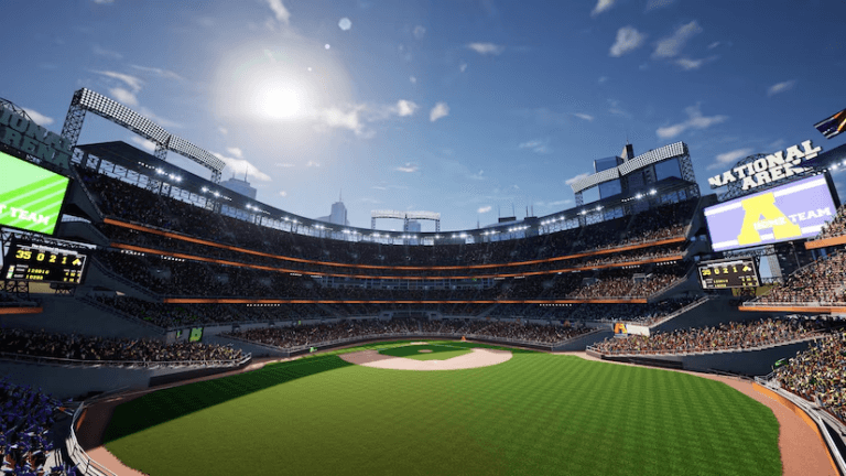 Wide-angle view of a packed baseball stadium under a sunny sky.