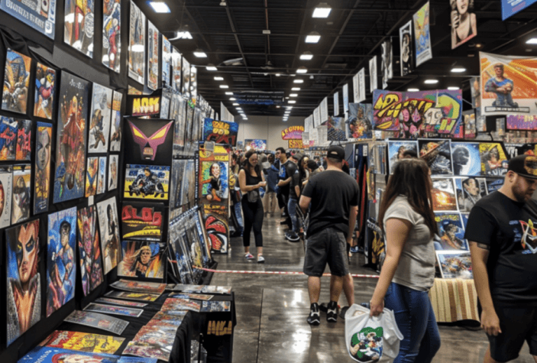 People browsing colorful art and merchandise at a busy comic convention.