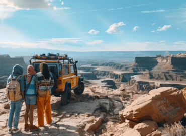 An image of 3 friends outside their Jeep in the canyon.