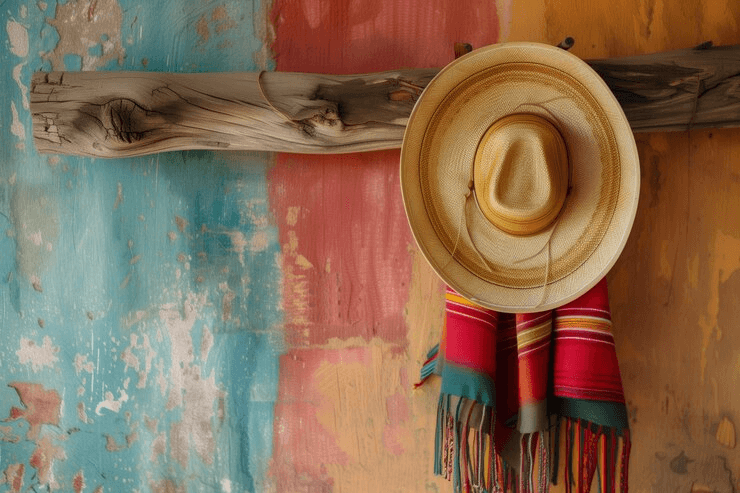 An image of a sombrero hanging on a colorful wall.
