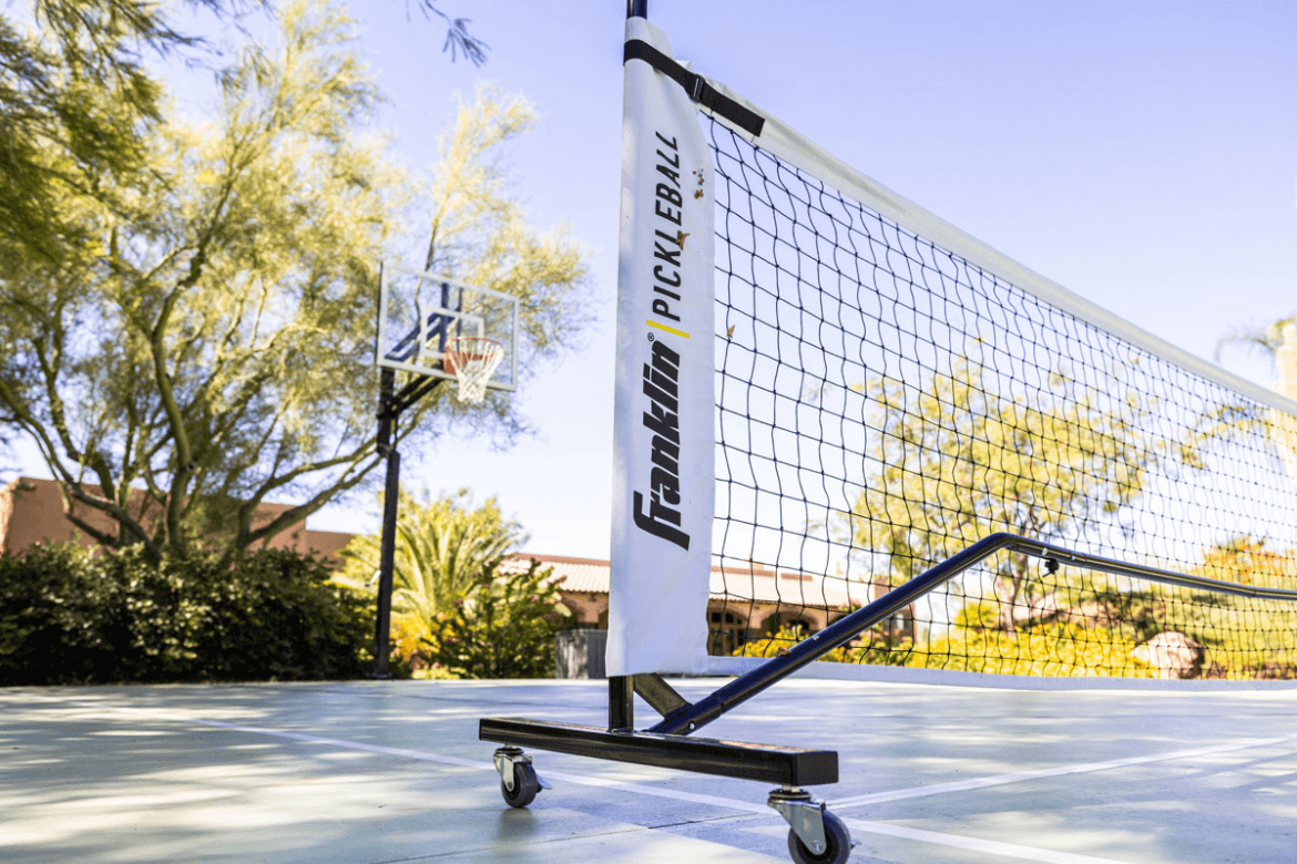 Pickleball net at a vacation rental.