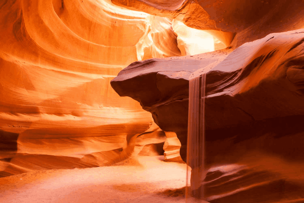 An image of sandstone rocks inside Antelope Canyon.