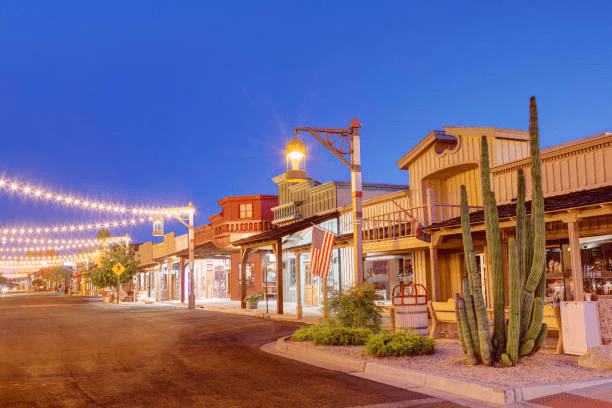 An image of downtown Old Town Scottsdale at night.