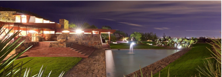 An image of Taliesin West at night.
