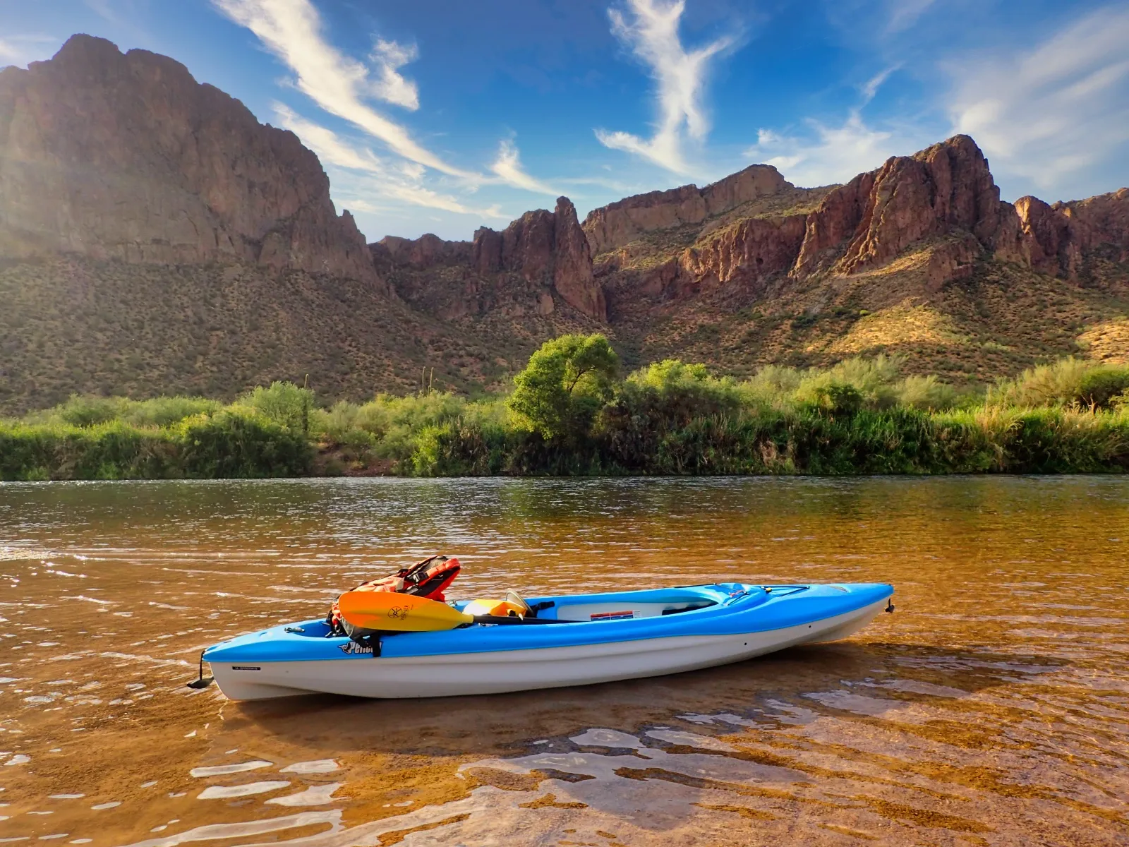 A blue kayak on the Salt River.