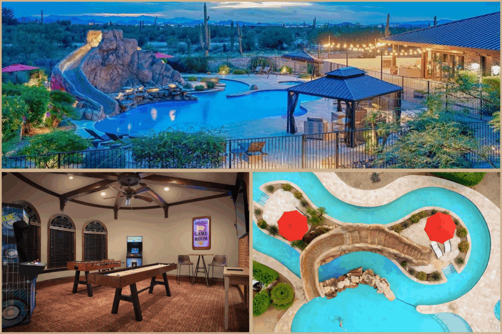 A collage of images from HÓZHÓ Main Estate at Lone Mountain showcasing Scottsdale resorts for families.