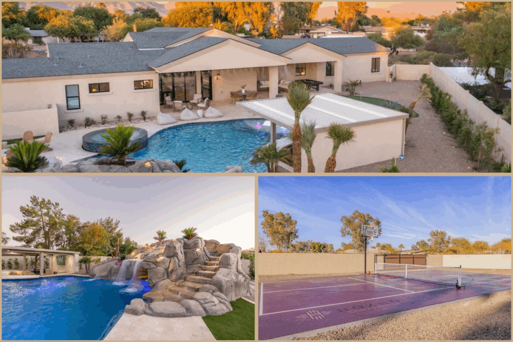 A collage of images from HÓZHÓ Estate on the Riviera Oasis showcasing Scottsdale resorts for families.