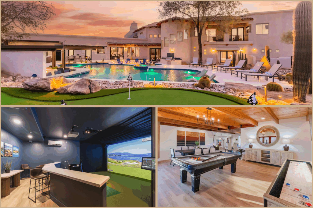A collage of images from HÓZHÓ Estate on Pinnacle Peak showcasing Scottsdale resorts for families.