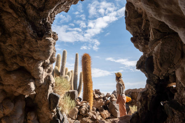 Explorer standing near cacti at the entrance of a cave in Southern Arizona’s desert landscape.