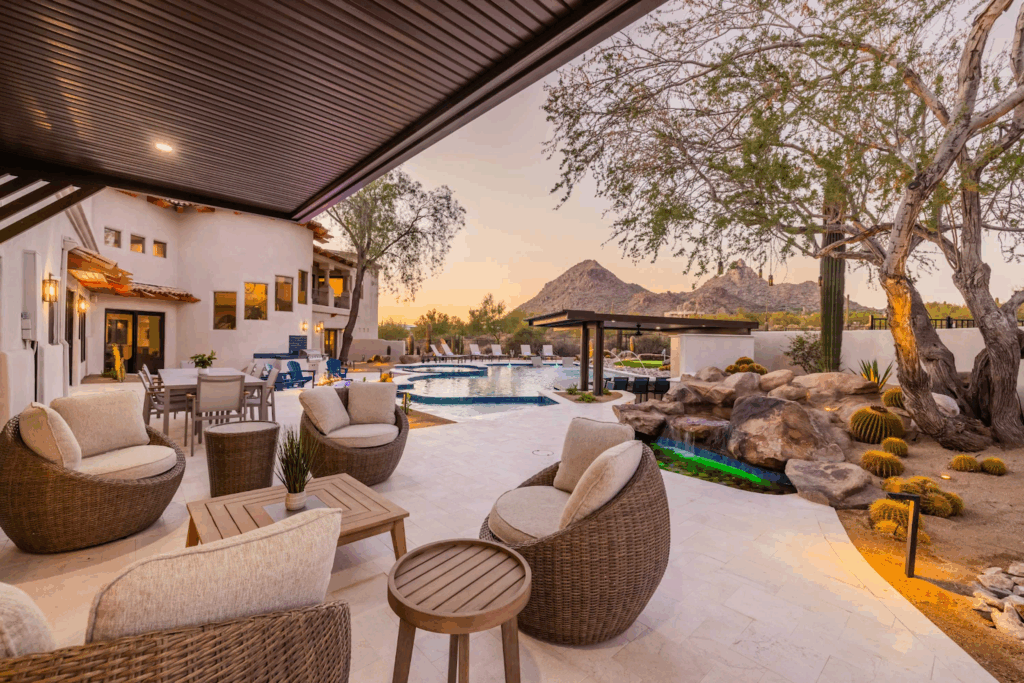 Luxury backyard patio with mountain views in Scottsdale, Arizona.