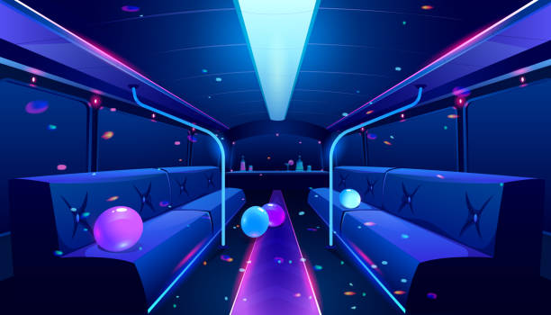 Party bus interior with neon lights, lounge seating, and glowing balloons.
