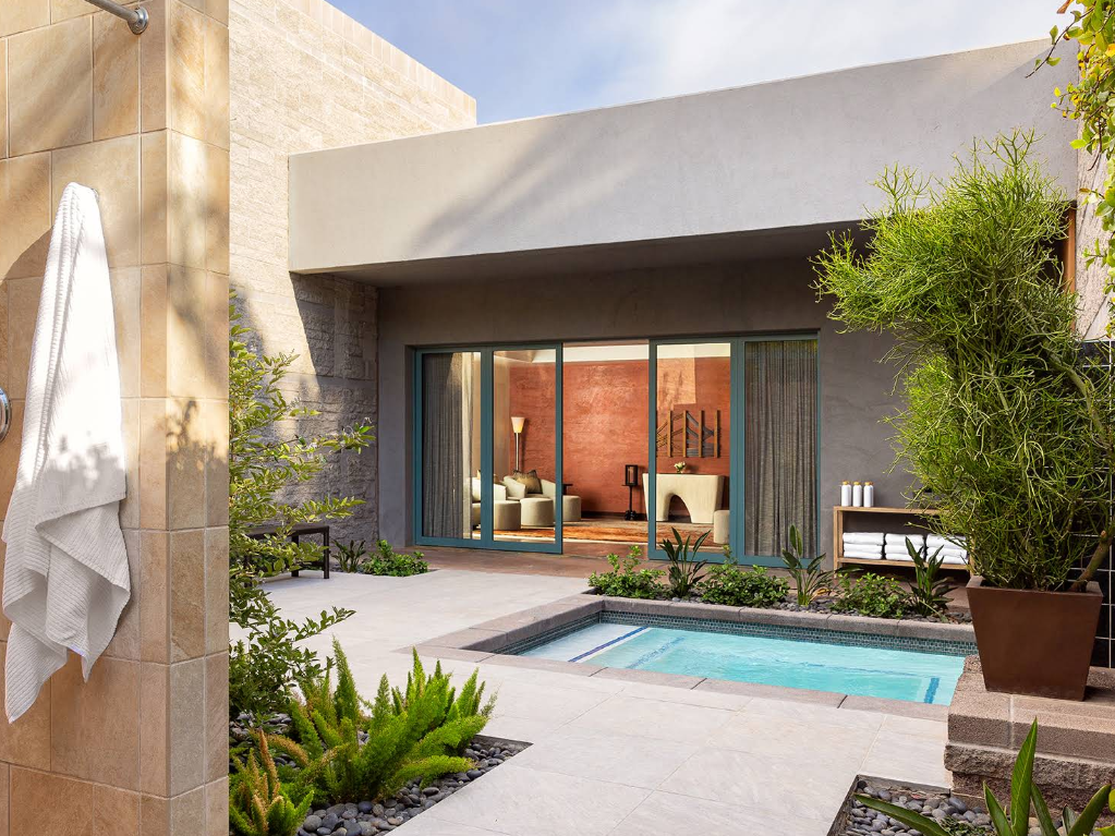 Private outdoor courtyard with plunge pool and lounge area at Spa Avania.