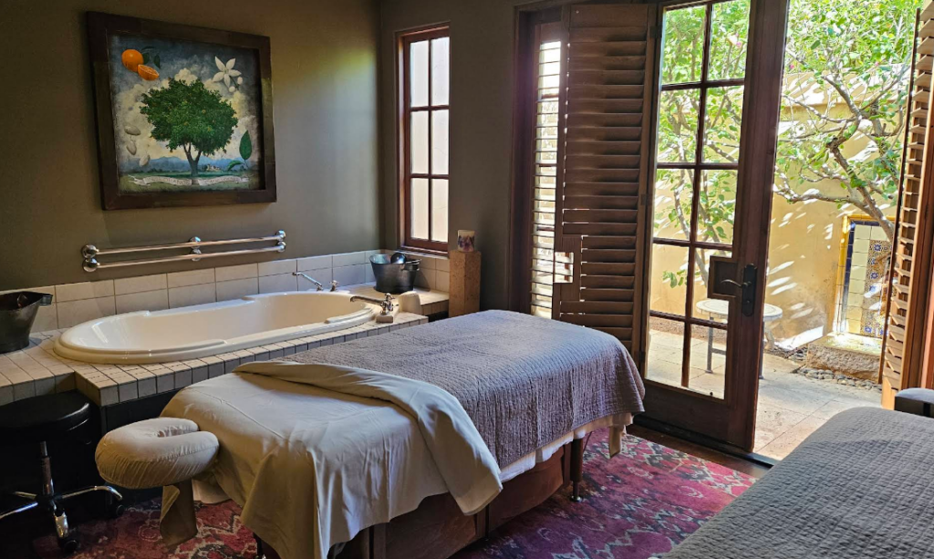 Cozy treatment room at Alvadora Spa at Royal Palms with a massage table, soaking tub, and garden-view doors.