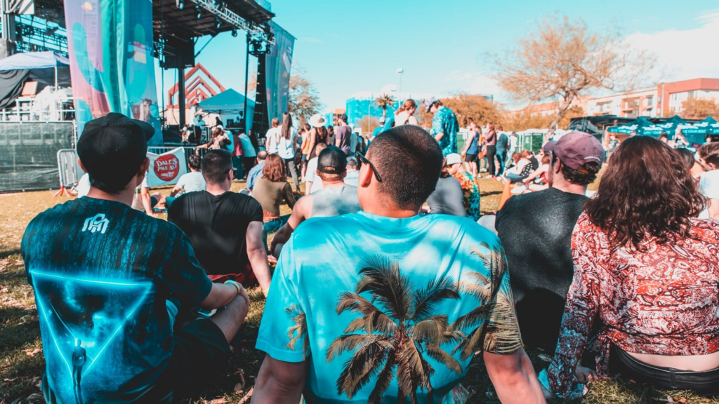 Crowd watching a live band perform on the Coyote stage at M3F Festival.
