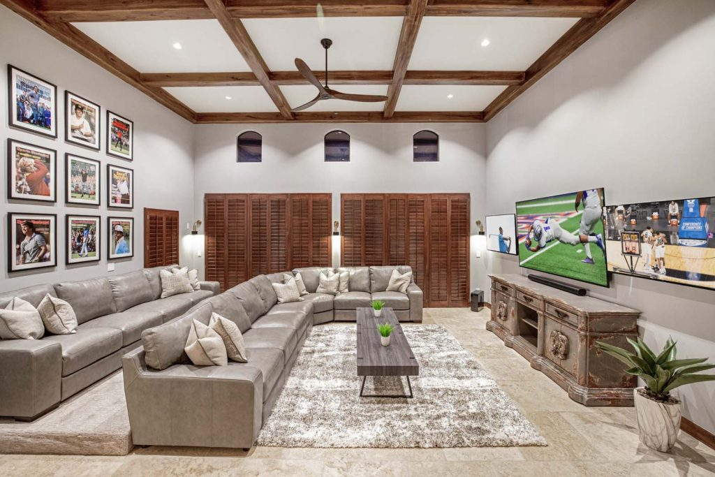 Perfect living room for hosting an epic fantasy football draft.