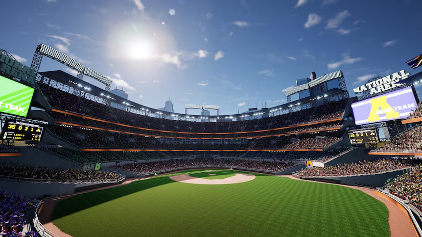 Wide-angle view of a packed baseball stadium under a sunny sky.