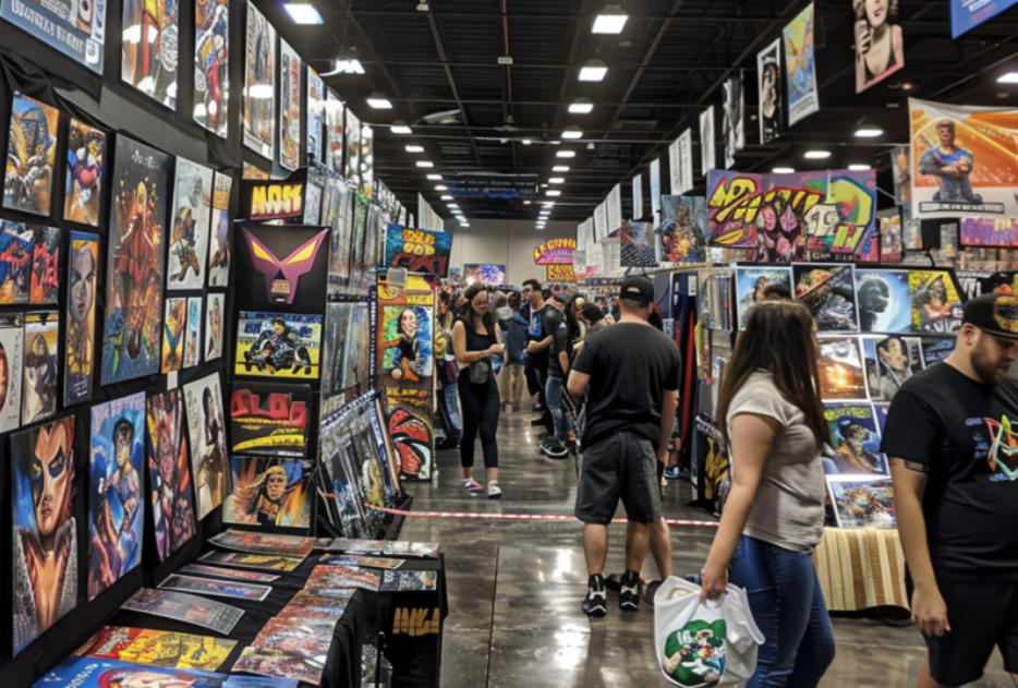 People browsing colorful art and merchandise at a busy comic convention.