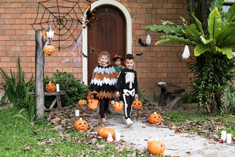 Kids in Halloween costumes trick or treating.