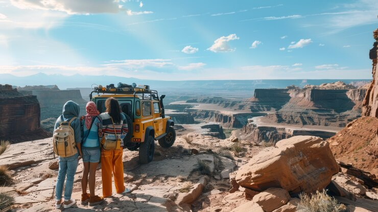 An image of 3 friends outside their Jeep in the canyon. 