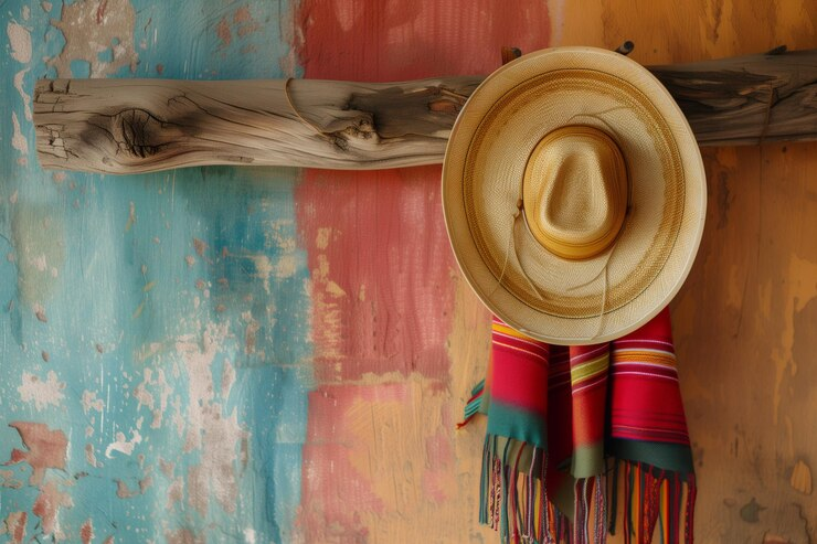 An image of a sombrero hanging on a colorful wall. 