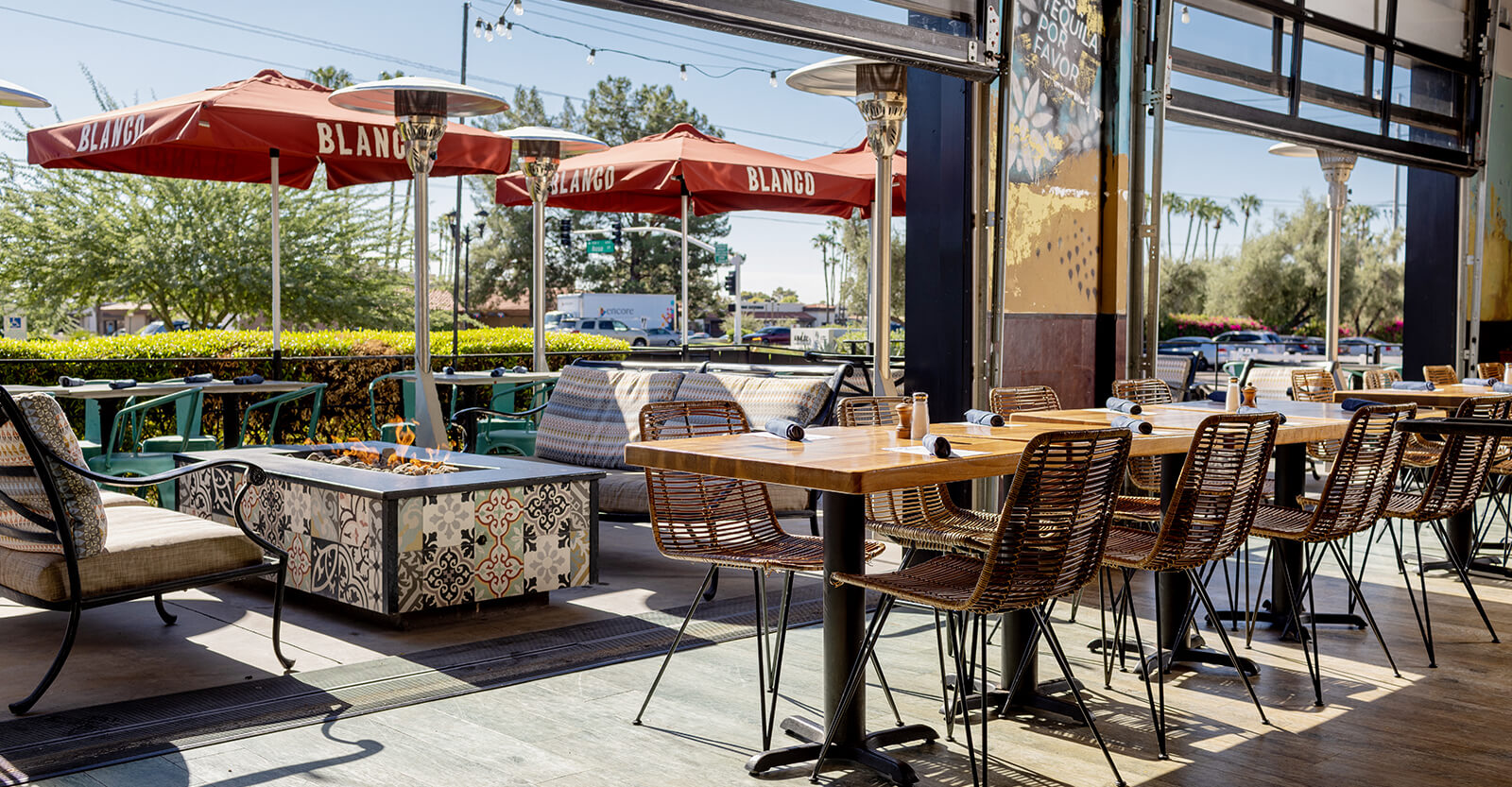 Exterior seating options at Blanco Tacos + Tequila.