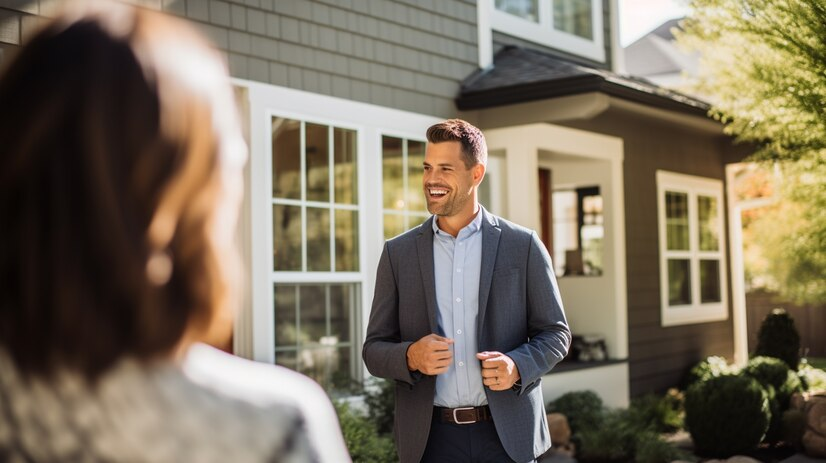 Image of a property manager greeting guests. 