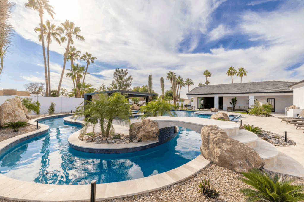 A relaxing Scottsdale staycation with a lazy river in the backyard. 