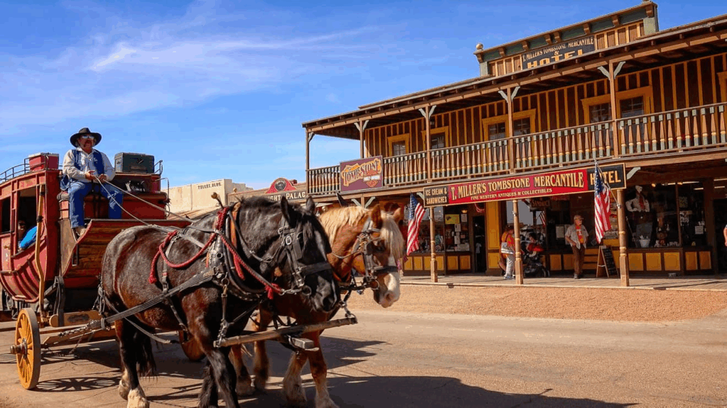An image of an old west town with horse and buggy. 