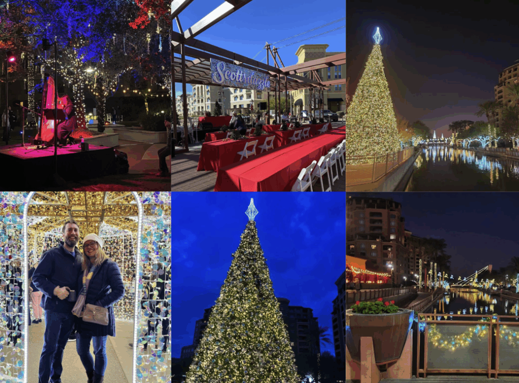 Holiday lights and outdoor festivities at Scottsdazzle in Old Town Scottsdale.