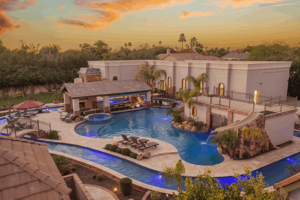 Resort-style Scottsdale estate with lazy river, indoor pickleball court, game room, and luxury group amenities.