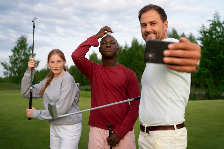 Friends on a golf course at an event.